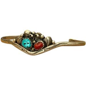 Navajo Sterling Silver Turquoise Coral Cuff Bracelet Native American Handmade